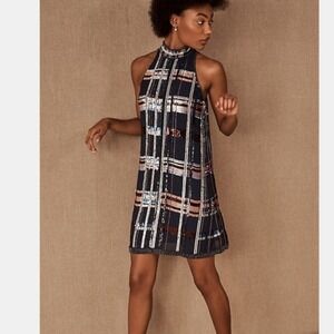 NWT! BHLDN Anthropologie Charlyn Sequin Beaded Plaid Mock Neck Mini Shift Dress